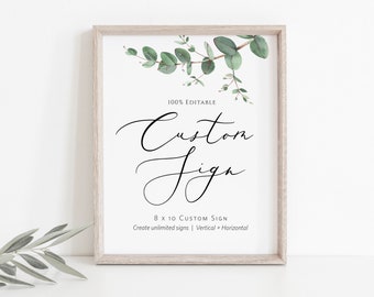 Custom Sign, (Portrait and Landscape), Greenery Editable Sign Template, Eucalyptus, Printable Shower Sign, Edit with TEMPLETT, WLP-EUU 4190