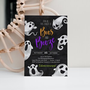 May include: A black and white Halloween party invitation with a chalkboard background. The invitation features the text "Booze and Boos" in purple and orange lettering. The invitation also includes the date and time of the party, the address, and the RSVP information. The invitation is decorated with white ghost illustrations.