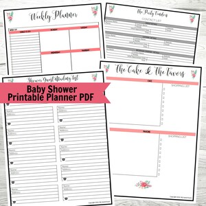 May include: Printable baby shower planner PDF with floral accents. Includes a weekly planner, guest list, vendor contact list, and cake and favor planning pages.