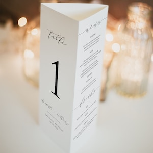 Script Wedding Tri-fold Table Number, Tri-fold Table Menu, Triangle Table Stand, 100% Editable with TEMPLETT, WLP-SCR 2159