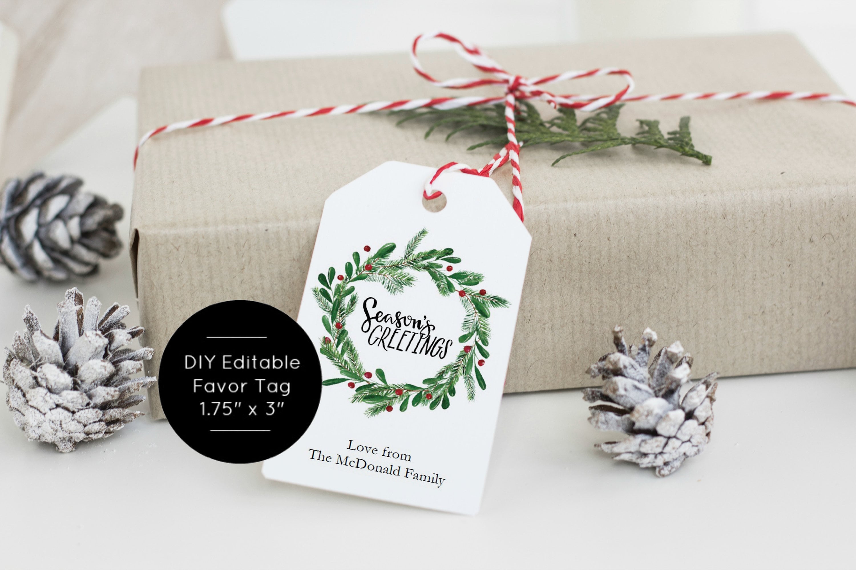 christmas wreath tag template, rustic christmas gift tags