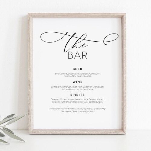 Wedding Bar Menu Sign Printable Script Bar Menu Poster - Etsy