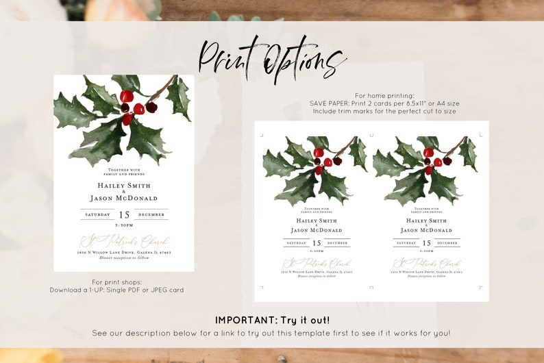 Christmas Holly Wedding Invitation Template, Wedding Invitation, Holiday Wedding Invitation Printable,Edit with TEMPLETT, WLP-RHO 4251 image 4