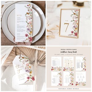 May include: A set of printable bridal shower games with a floral theme. The games include "Who Knows the Bride Best", "Bridal Bingo", "He Said She Said", "Scattergories", "Guess the Date", and "Words in Your Face".