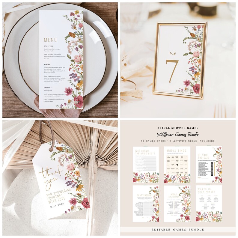 May include: A set of printable bridal shower games with a floral theme. The games include "Who Knows the Bride Best", "Bridal Bingo", "He Said She Said", "Scattergories", "Guess the Date", and "Words in Your Face".