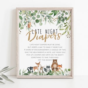 Woodland Late Night Diapers Sign, Diaper Thoughts Signs, Woodland Baby Shower Sign, Printable Late Night Diapers Sign, WLP-RWW 4033