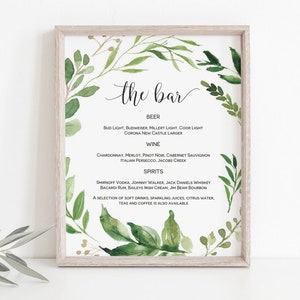 Greenery Bar Sign, Printable Bar Menu Template, Bar Sign, Instant ...