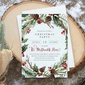Christmas Invitation, Rustic Berry Christmas Party Template, Christmas Wreath Invitation, Instant Download, Edit with TEMPLETT, WLP-RCW 3809