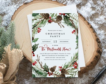 May include: A Christmas party invitation with a watercolor wreath of pine branches, holly, berries, and pine cones. The invitation reads "Please join us for a Christmas Party Saturday 15 December 6:30PM The McDonalds Home 1856 N Willow Lane Drive, Galena IL 47463 RSVP to Courtney by November 19th Phone or Text 000.000.0000 Bring a Secret Santa gift (valued at $20 max) to share"