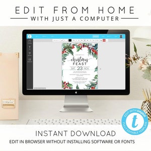 May include: A computer screen displaying a Christmas invitation template with a watercolor design of holly and berries. The text on the invitation reads "Christmas Feast Sat 23 Nov". The screen is on a desk with a pineapple-shaped decorative object and a vase of flowers.