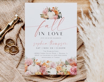 May include: Fall in Love wedding invitation with a watercolor illustration of pumpkins, flowers, and leaves in shades of orange, pink, and yellow. The invitation includes the text "Fall in Love", "Join us as we celebrate", "Sophia Thompson", "Sat Nov 09 | 3:00PM", "The Stables Cafe", "18564 Yarra Valley Road | Galena, IL", "RSVP to Courtney at 000.000.0000", and "Registered at Target".