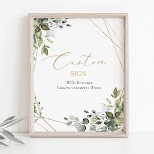 Greenery Custom Sign, Portrait and Landscape, Editable Sign Template, 8x10, Printable Shower Sign, Edit with TEMPLETT, WLP-GGE 2169 image 1