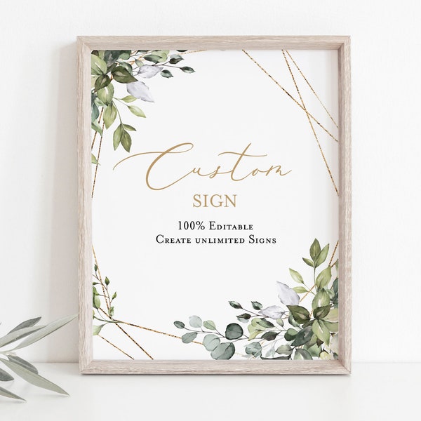 Greenery Custom Sign, (Portrait and Landscape), Editable Sign Template, 8x10, Printable Shower Sign, Edit with TEMPLETT, WLP-GGE 2169