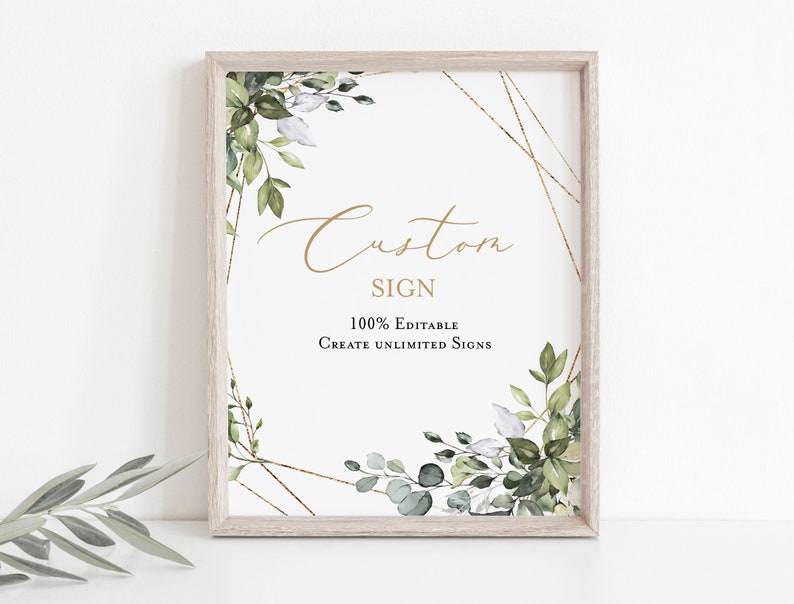 Greenery Custom Sign, Portrait and Landscape, Editable Sign Template, 8x10, Printable Shower Sign, Edit with TEMPLETT, WLP-GGE 2169 image 1