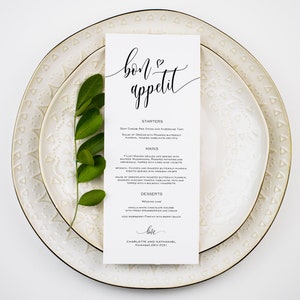 Szablon menu weselnego Bon Appetit, menu weselne do druku, 2 rozmiary, Edytuj za pomocą TEMPLETT, karta menu, menu weselne do druku, WLP-SOU 609