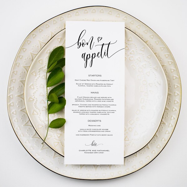Plantilla de menú de boda "Buen provecho", menú de boda imprimible, 2 tamaños, editable con TEMPLETT, tarjeta de menú, menú de boda imprimible, WLP-SOU 609