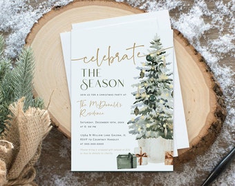 May include: A white Christmas party invitation with gold lettering that reads "celebrate the season". The invitation features a watercolor illustration of a decorated Christmas tree with presents at the base. The text also includes the date, time, and location of the party.