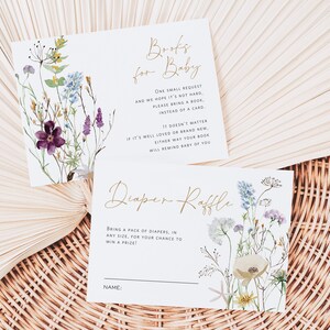 May include: Two cards with a floral design. The top card says "Books for Baby" and has a request to bring a book instead of a card. The bottom card says "Diaper Raffle" and asks guests to bring a pack of nappies for a chance to win a prize.