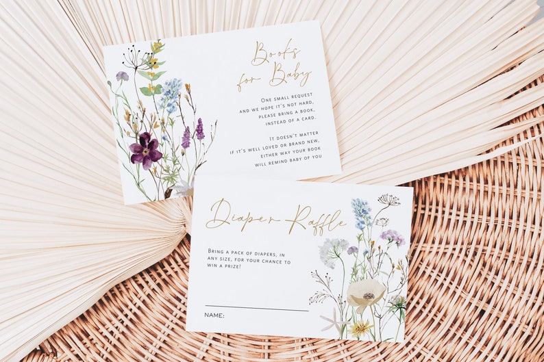 May include: Two cards with a floral design. The top card says "Books for Baby" and has a request to bring a book instead of a card. The bottom card says "Diaper Raffle" and asks guests to bring a pack of nappies for a chance to win a prize.