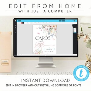 May include: A computer monitor displays a wedding sign template with the words "CARDS and GIFTS" and floral accents. The text "EDIT FROM HOME WITH JUST A COMPUTER" and "INSTANT DOWNLOAD" are also visible. The sign is fully editable.