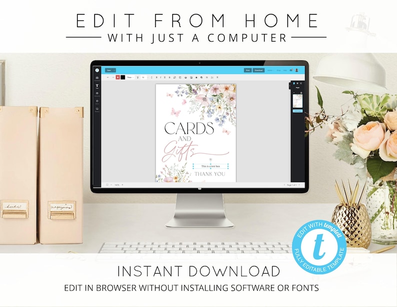 May include: A computer monitor displays a wedding sign template with the words "CARDS and GIFTS" and floral accents. The text "EDIT FROM HOME WITH JUST A COMPUTER" and "INSTANT DOWNLOAD" are also visible. The sign is fully editable.