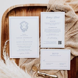 Dusty Blue Wedding Invitation Suite, Blue Crest Wedding Bundle, Vintage Crest Wedding Invitation Bundle, Edit with TEMPLETT, WLP-CHI 7497