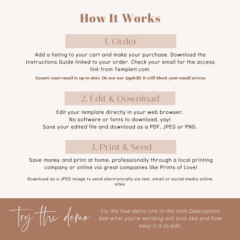 May include: How It Works: A beige and brown graphic with instructions on how to order, edit, download, print, and send a digital template. The text includes the words "Try the demo" and "Templett.com".