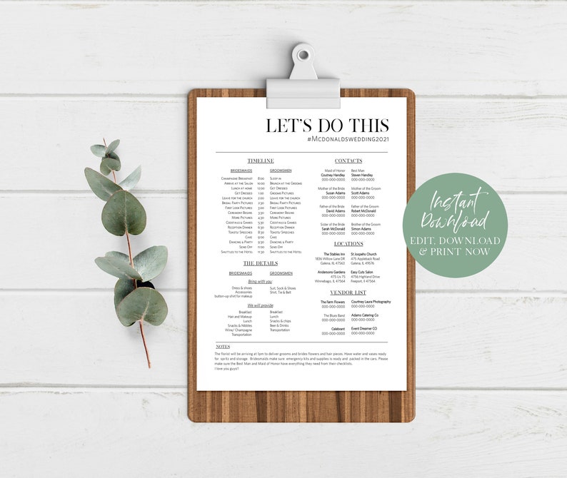 Puede incluir: Un portapapeles de madera contiene un programa de boda impreso con el texto "Let's Do This" y "#MCDONALDSWEDDING2021". El documento incluye cronogramas, contactos y listas de proveedores. Un c&iacute;rculo verde con el texto "Instant Download" est&aacute; a la derecha.