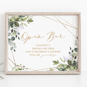 Open Bar Sign, Greenery Wedding Bar Sign, Printable Wedding Bar ...