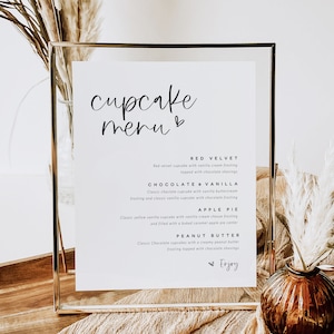 Enseigne de menu de cupcakes, modèle d'enseigne de cupcake de mariage modifiable, enseigne de dessert de mariage, enseigne de bar à cupcakes, édition avec TEMPLETT, WLP-SIL 4283