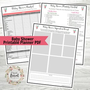May include: Printable baby shower planner with checklists and budget worksheets. The planner includes sections for planning timeline, guest list, decorations, food, and drinks. The planner also includes a baby shower inspiration board with blank squares for adding photos or inspiration.