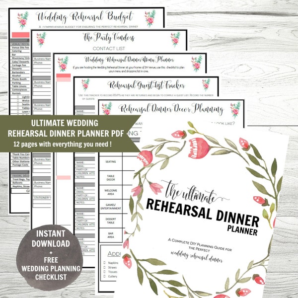 Wedding Rehearsal Dinner Planner, Rehearsal Dinner Planner, Printable Wedding Plannner, Instant Download,  FREE Wedding Planning Checklist