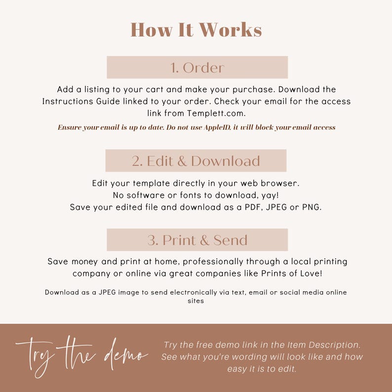 May include: How It Works: A guide to ordering, editing, and downloading a digital template. The guide includes instructions on how to use Templett.com, a website for creating and editing digital templates. The guide also includes instructions on how to print and send the template.
