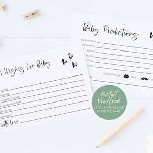 Carte de conseils minimaliste pour baby shower, modèle de carte de prédictions de bébé moderne, carte de voeux de bébé, à modifier avec TEMPLETT, WLP-SIL 3606