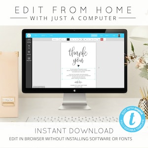 May include: A computer screen displaying a thank you card template with the text "thank you" in black script font. The template is on a white background and is surrounded by a blue border. The screen is on a white desk with a keyboard, a gold pineapple-shaped decorative object, and a bouquet of pink and white flowers.