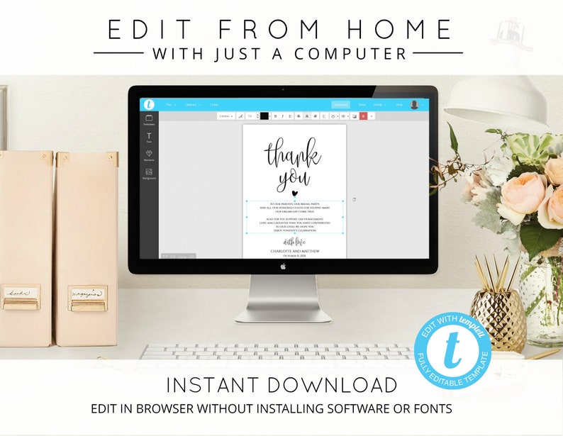 May include: A computer screen displaying a thank you card template with the text "thank you" in black script font. The template is on a white background and is surrounded by a blue border. The screen is on a white desk with a keyboard, a gold pineapple-shaped decorative object, and a bouquet of pink and white flowers.