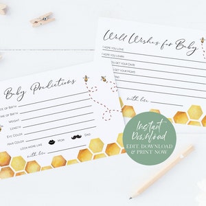 Tarjeta de consejos para baby shower imprimible, plantilla de tarjeta de predicciones de bebé de abeja, tarjeta de deseos de abeja para bebé, IEdit con TEMPLETT, WLP-BEE 3304