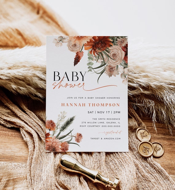 Fall Baby Shower Invitation Template, Autumn Baby Shower Invitation Template, Fall Floral, Gender Neutral, TEMPLETT, WLP-AUO 5988