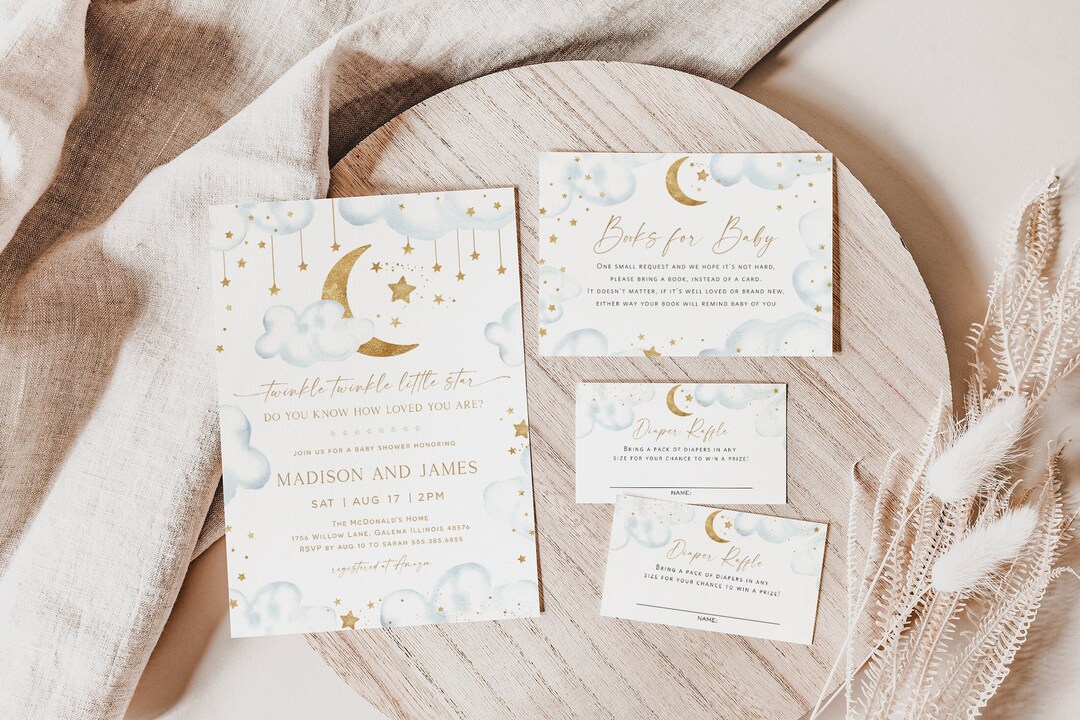 Twinkle Twinkle Little Star Invitation Bundle, Blue and Gold Moon Baby ...