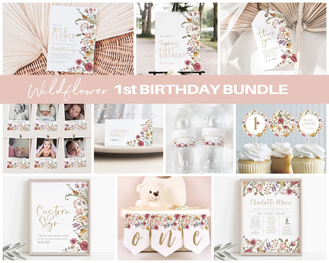 Wildflower First Birthday Invitation Bundle, Printable Birthday ...