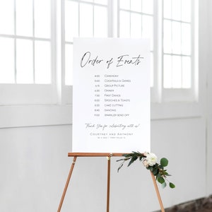 May include: A white sign with black text listing the order of events for a wedding. The sign includes the time and event, such as ceremony, cocktails and games, group picture, dinner, first dance, speeches and toasts, cake cutting, dancing, and sparkler send off. The sign also includes the names Courtney and Anthony and the date 06.4.2020.