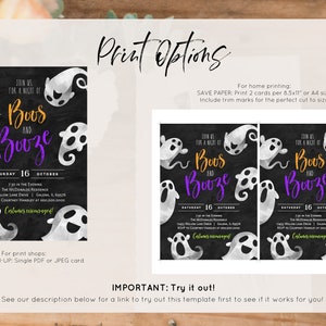 May include: Printable invitation for a Booze and Boos Halloween party. The invitation features a black chalkboard background with white ghost illustrations and the text "Join us for a night of Boos and Booze" in orange and purple. The date is Saturday, October 16th. Costumes are encouraged.