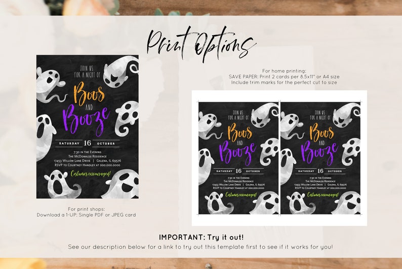 May include: Printable invitation for a Booze and Boos Halloween party. The invitation features a black chalkboard background with white ghost illustrations and the text "Join us for a night of Boos and Booze" in orange and purple. The date is Saturday, October 16th. Costumes are encouraged.