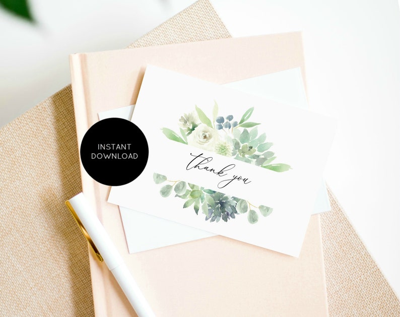 Instant Download Thank You Card Template WLP-GSU 1004 Green Succulent Thank You Card Printable 3.5x5 Thank You Card
