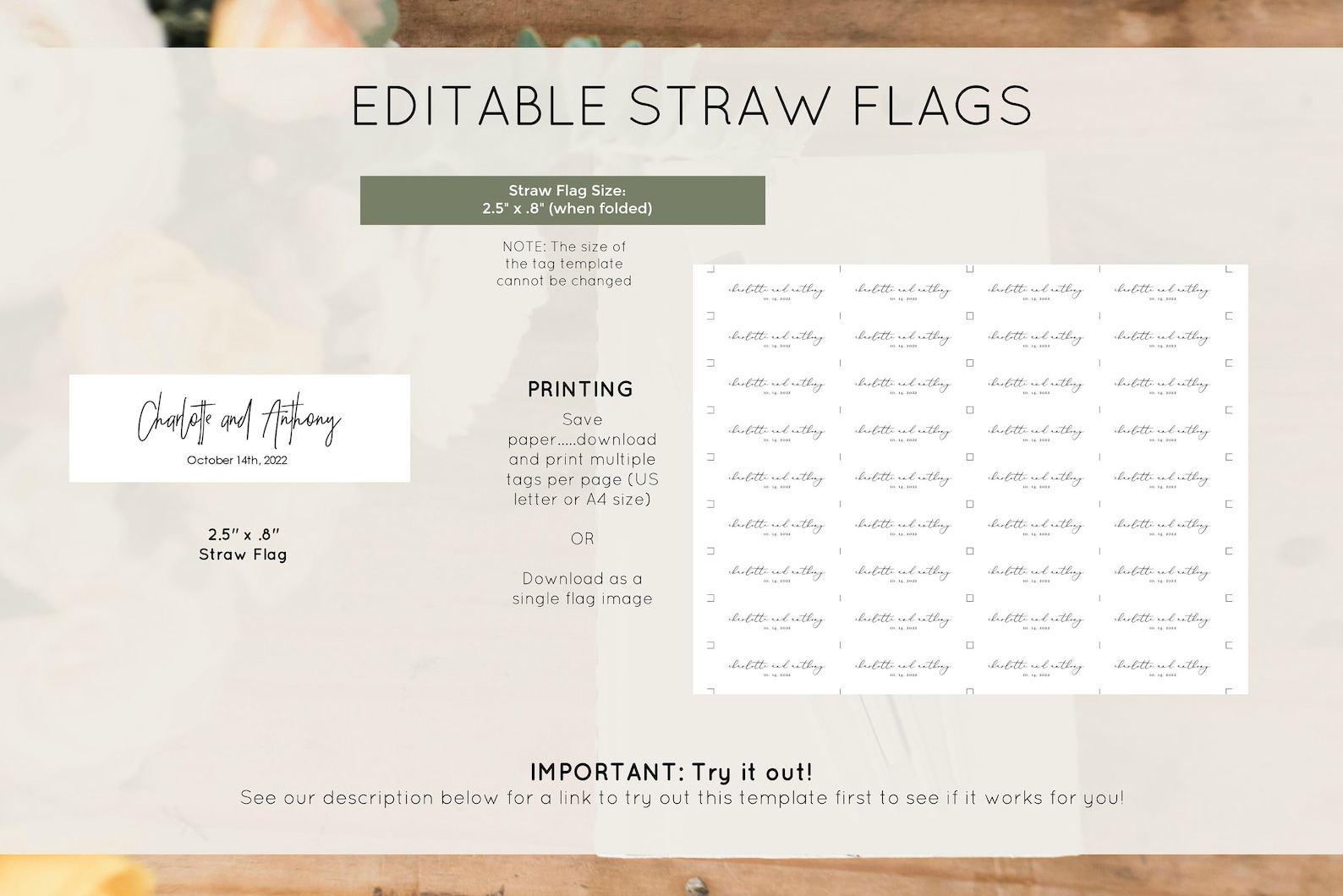 Straw Tag, Editable Drinks Tag Template, Mini Drink Straw Tag, Modern ...