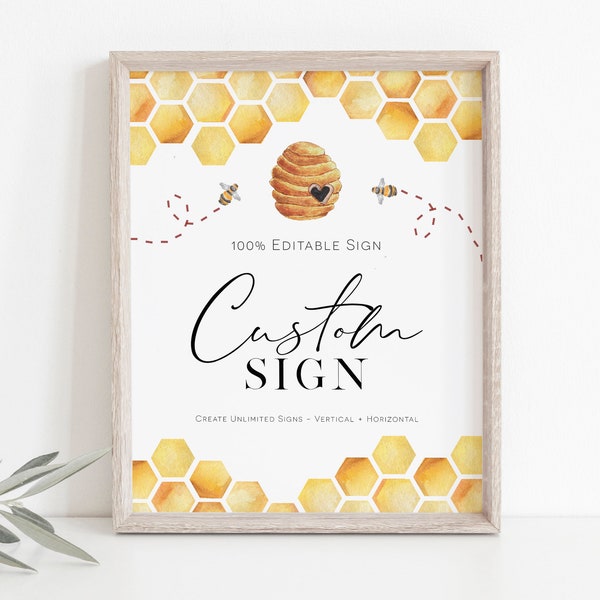 Bee Custom Sign, (Portrait and Landscape), Honeybee Editable Sign Template, 8x10, Printable Shower Sign, Edit with TEMPLETT, WLP-BEE 3305