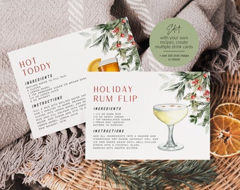 May include: Two printable recipe cards with watercolor illustrations of winter greenery and berries. The cards feature recipes for "Hot Toddy" and "Holiday Rum Flip" with ingredients and instructions. The text "Edit with your own recipes, create multiple drink cards" is on a green circle in the upper right corner.
