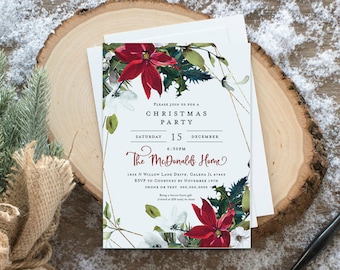 May include: A Christmas party invitation with a red and white floral design. The invitation reads "Please join us for a Christmas Party, Saturday 15 December 6:30PM, The McDonalds Home, 1856 N Willow Lane Drive, Galena IL 47463, RSVP to Courtney by November 19th, Phone or Text 000,000,0000, Bring a Secret Santa gift (valued at $20 max) no chase."