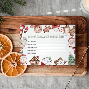 May include: A white printable cookie exchange voting ballot with a festive Christmas theme. The ballot has categories for best tasting, most festive, most creative, most pretty, and best overall. The ballot is decorated with watercolour illustrations of gingerbread cookies, candy canes, Santa Claus, and other Christmas imagery.