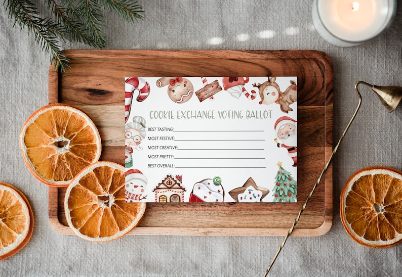 May include: A white printable cookie exchange voting ballot with a festive Christmas theme. The ballot has categories for best tasting, most festive, most creative, most pretty, and best overall. The ballot is decorated with watercolour illustrations of gingerbread cookies, candy canes, Santa Claus, and other Christmas imagery.